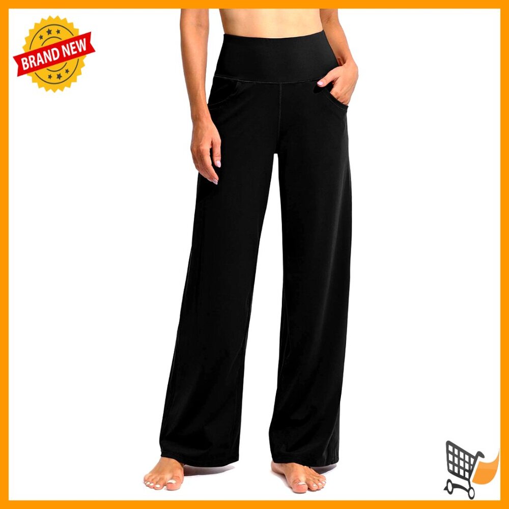 Wide Leg Yoga Pants With Pockets, Stretch Fabric, High Waist,